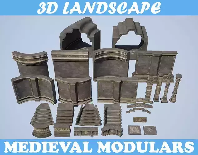 Low poly Medieval modular construction Pack 200525 Low-poly 3D model