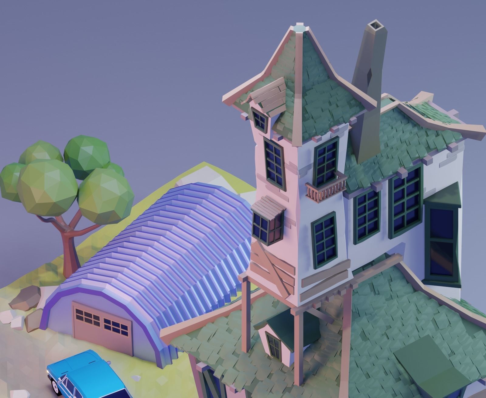 low poly Gameasset3 house with car Low-poly 3D model_2