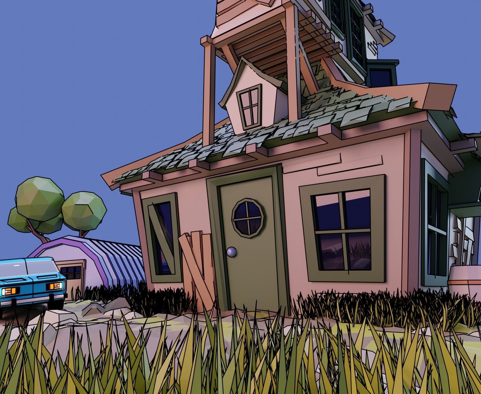 low poly Gameasset3 house with car Low-poly 3D model_6