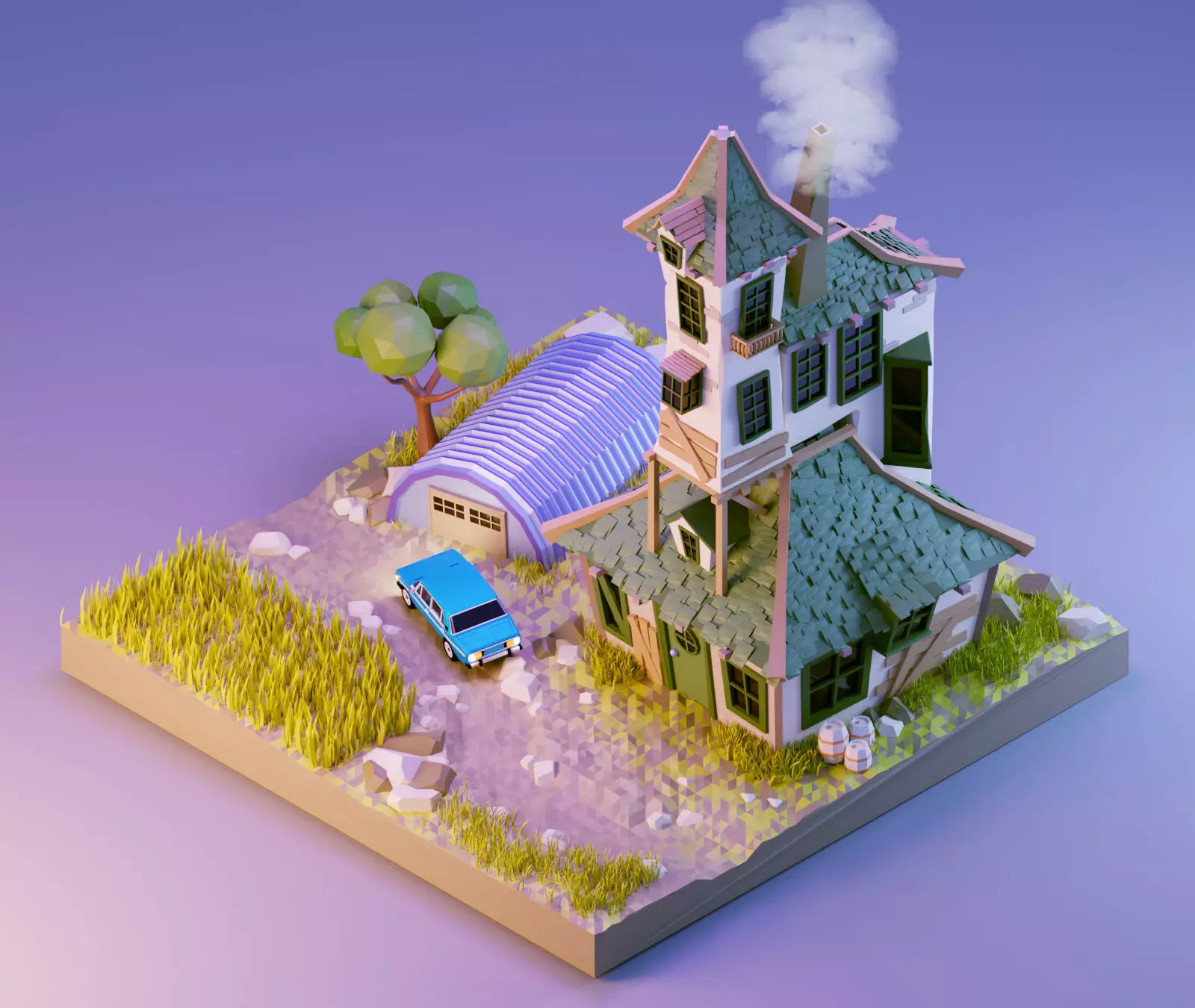 low poly Gameasset3 house with car Low-poly 3D model_0