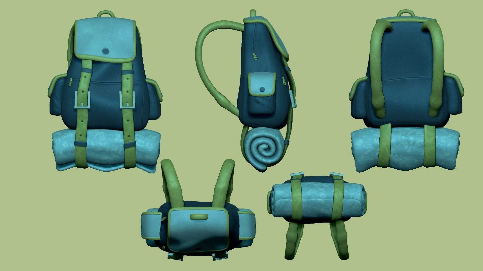 Blue Camping Backpack - Character Costume Low-poly 3D model_9