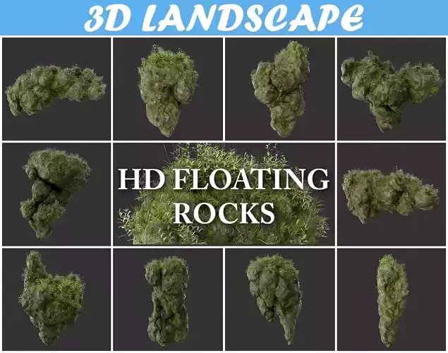 High poly Floating Island Mossy Rock Pack 190502 3D model