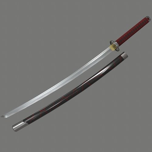 PBR Katana Japanese Sword Red Low-poly 3D model