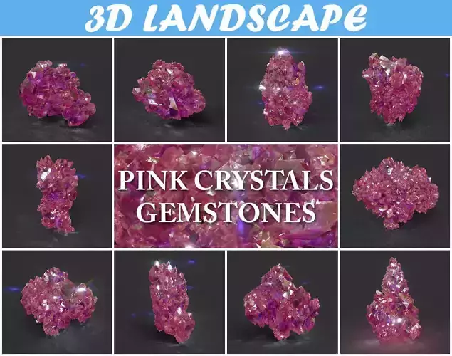Low Poly Pink Crystal Gemstone Pack 200114 Low-poly 3D model
