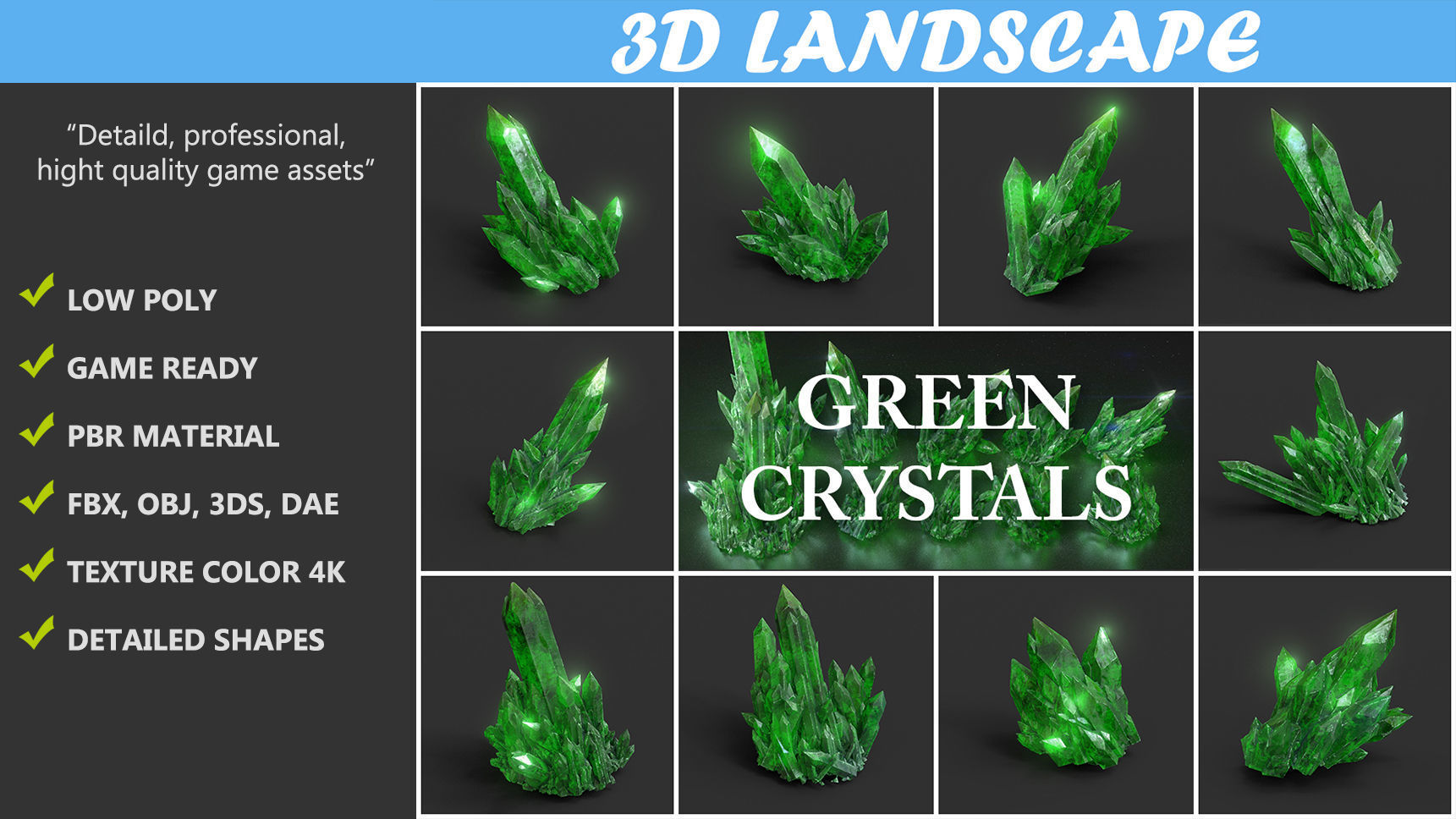 Low poly Green Crystal Gemstone Pack  200110 Low-poly 3D model_1
