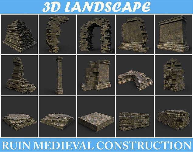 Low poly Dry Mossy Ruin Construction Pack 200210 Low-poly 3D model
