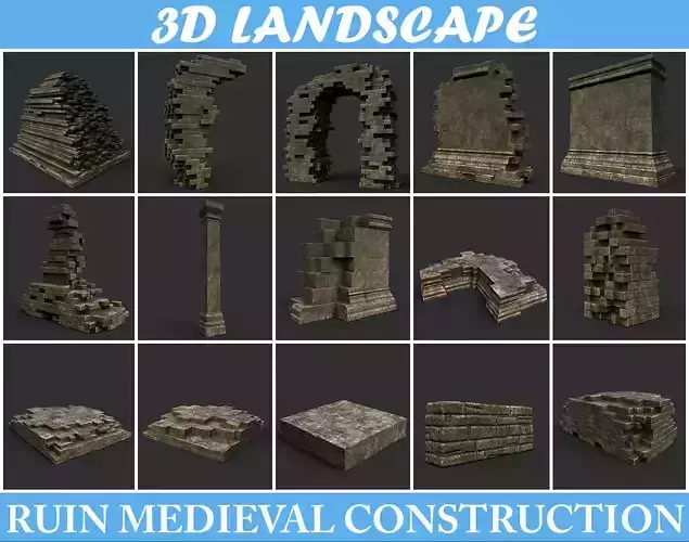 Low poly Dry Mossy Ruin Construction Pack 200210