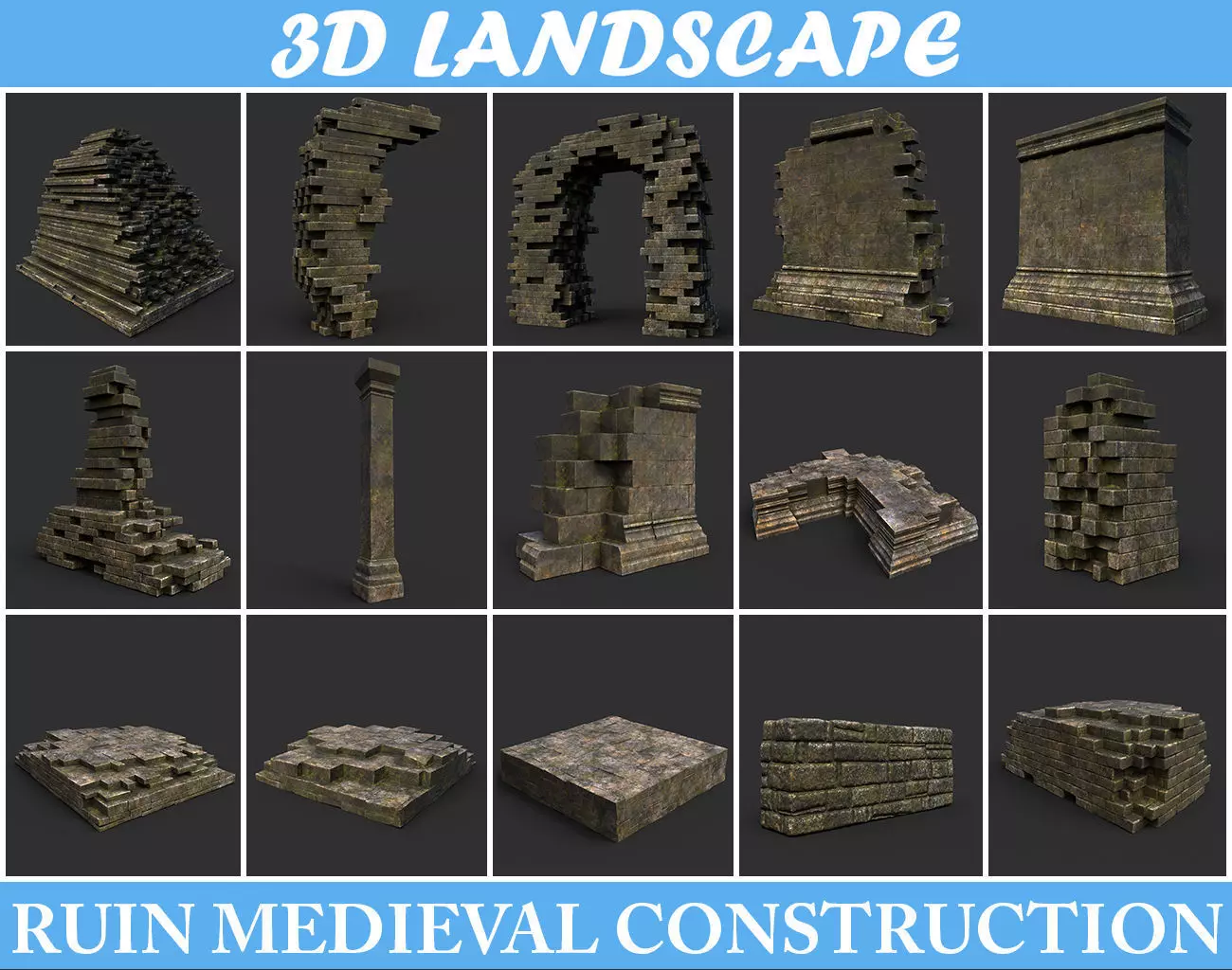 Low poly Dry Mossy Ruin Construction Pack 200210 Low-poly 3D model_0