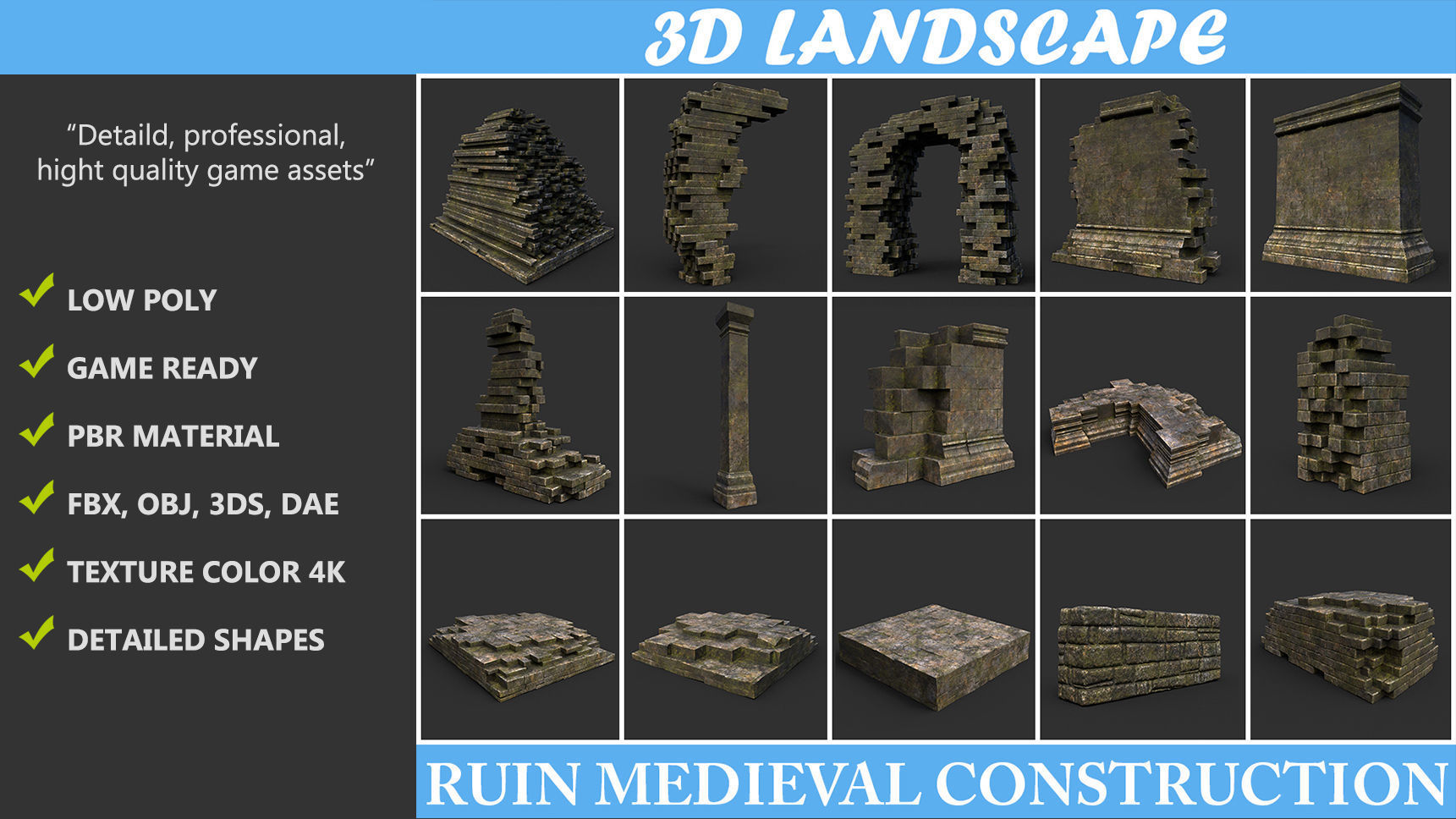 Low poly Dry Mossy Ruin Construction Pack 200210 Low-poly 3D model_1