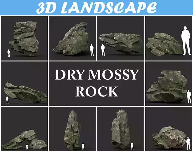 Low poly Dry Mossy Rock Formation Pack 200209