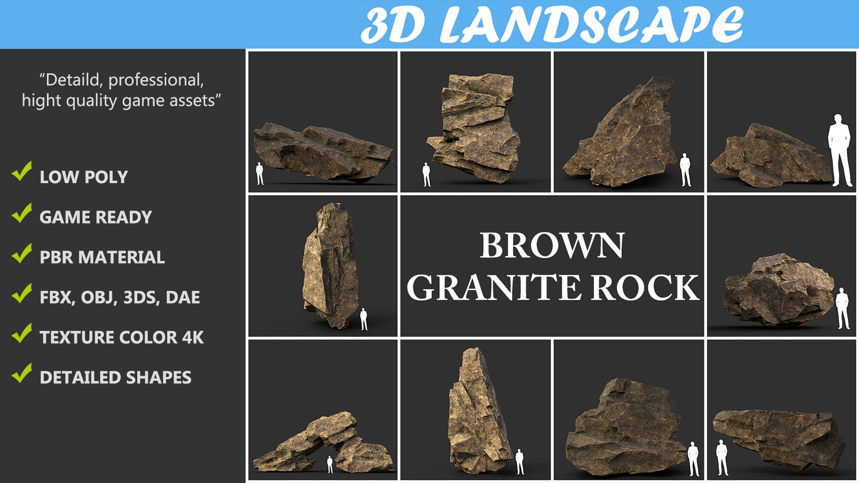 Low poly Brown Granite Rock Formation Pack 200208 Low-poly 3D model_1