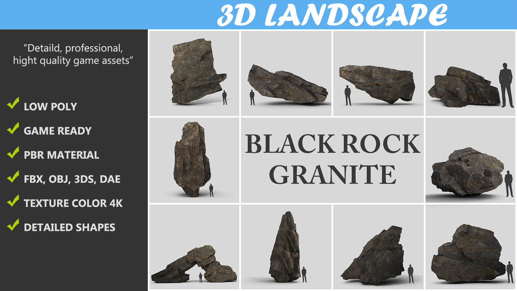 Low poly Black Granite Rock Formation Pack 200208 Low-poly 3D model_1