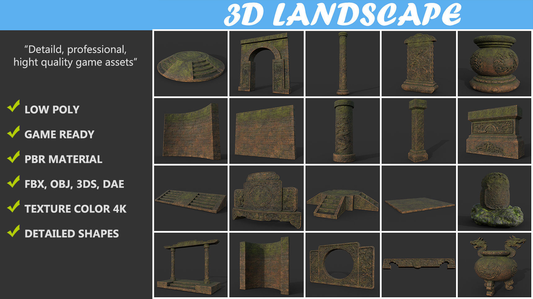 Low poly Ancient Dragon Temple Element Pack - Terracotta Low-poly 3D model_1