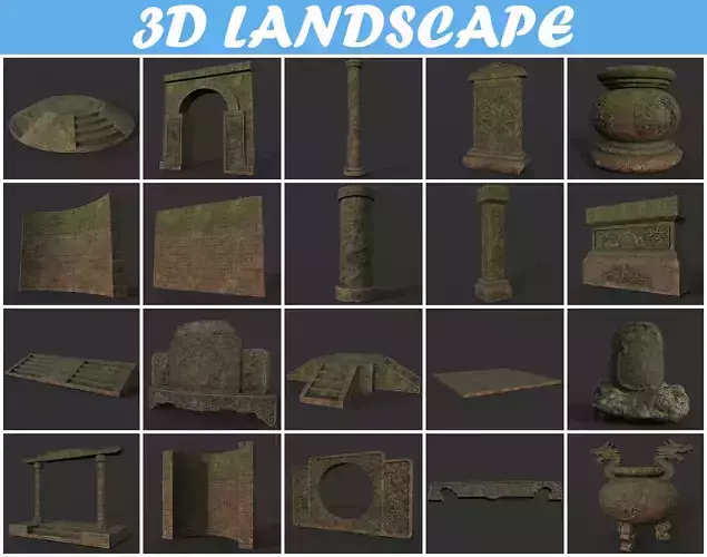 Low poly Ancient Dragon Temple Element Pack - Terracotta Low-poly 3D model