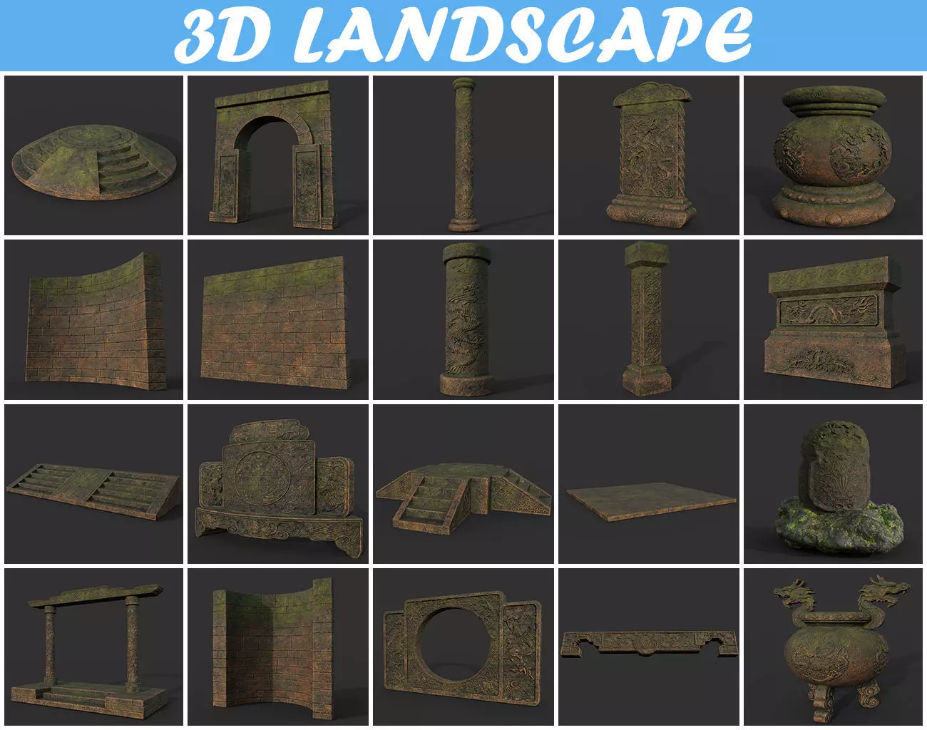 Low poly Ancient Dragon Temple Element Pack - Terracotta Low-poly 3D model_0