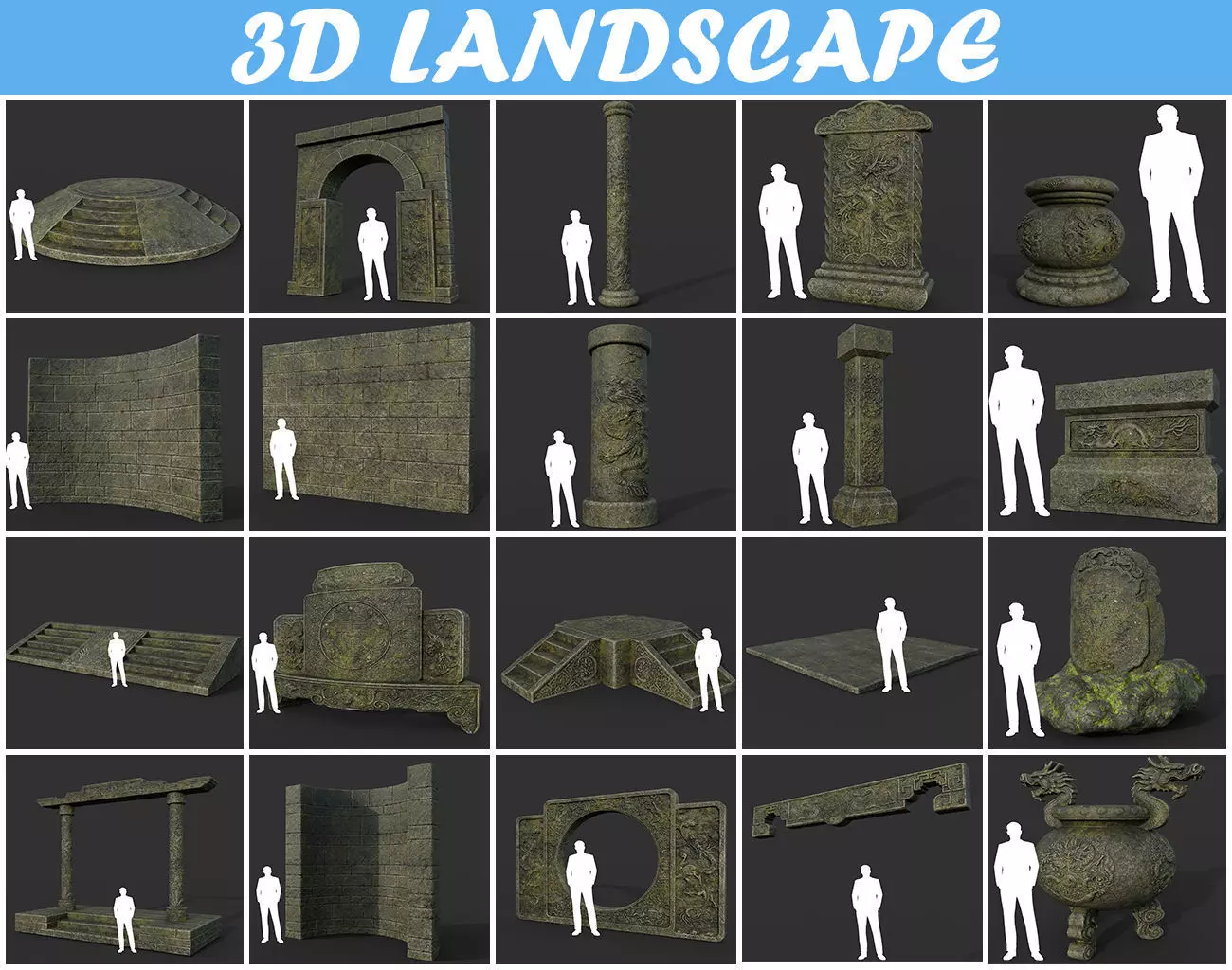 Low poly Ancient Dragon Temple Element Pack - Mossy Low-poly 3D model_0