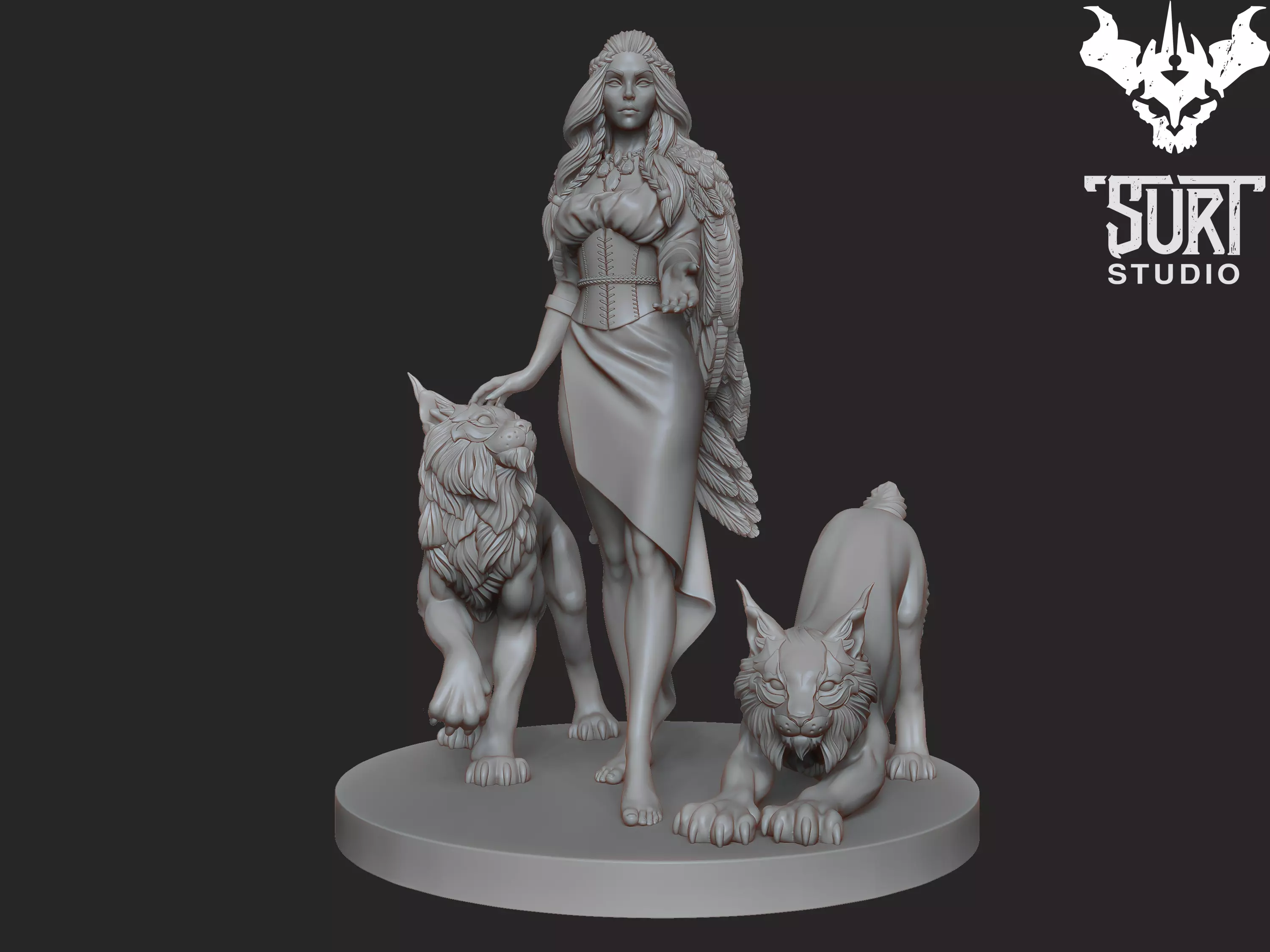 Freya statue of woman with two wolves 3D print model_0