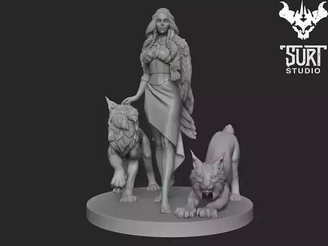 Freya statue of woman with two wolves 3D print model