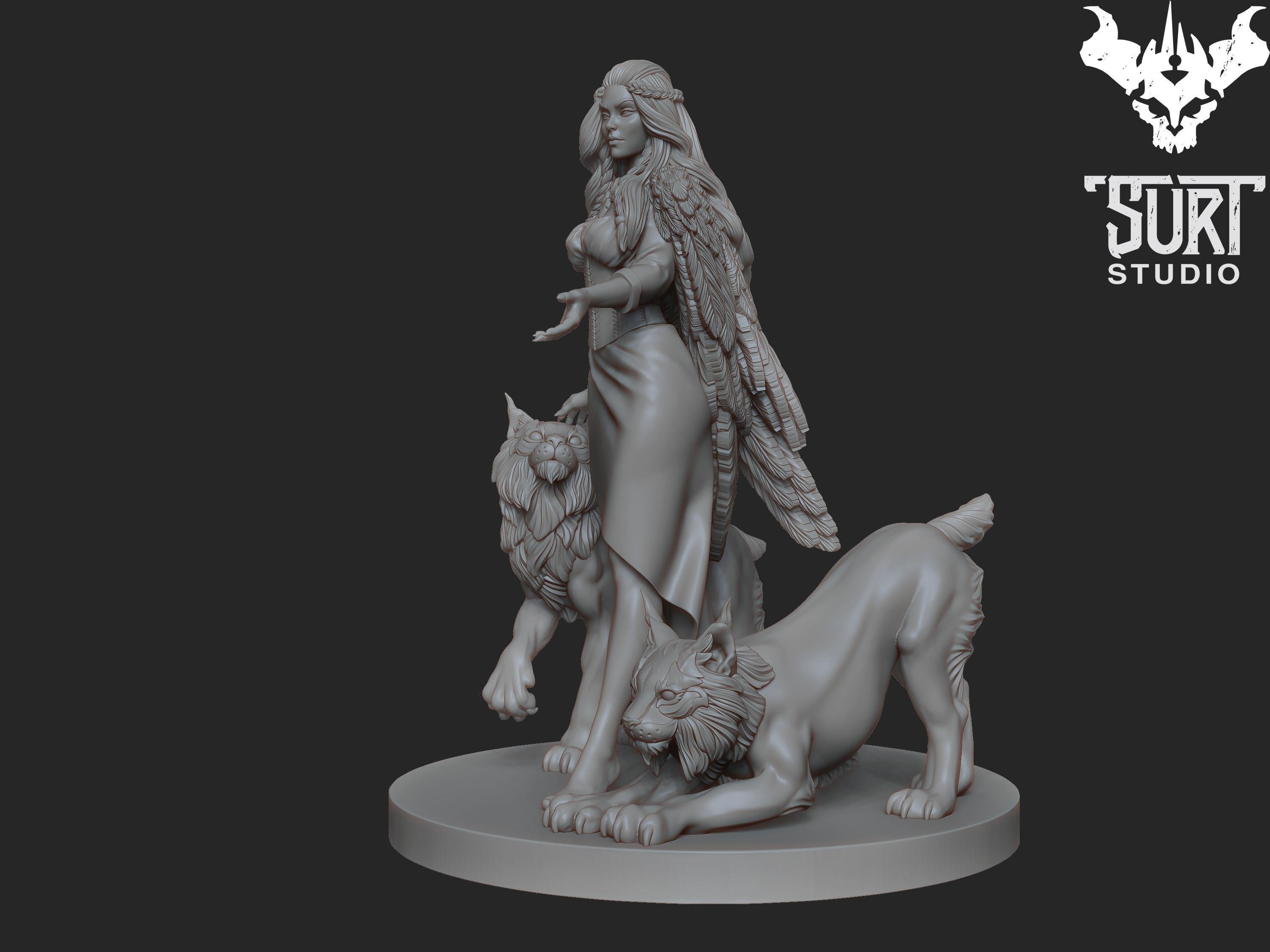 Freya statue of woman with two wolves 3D print model_3