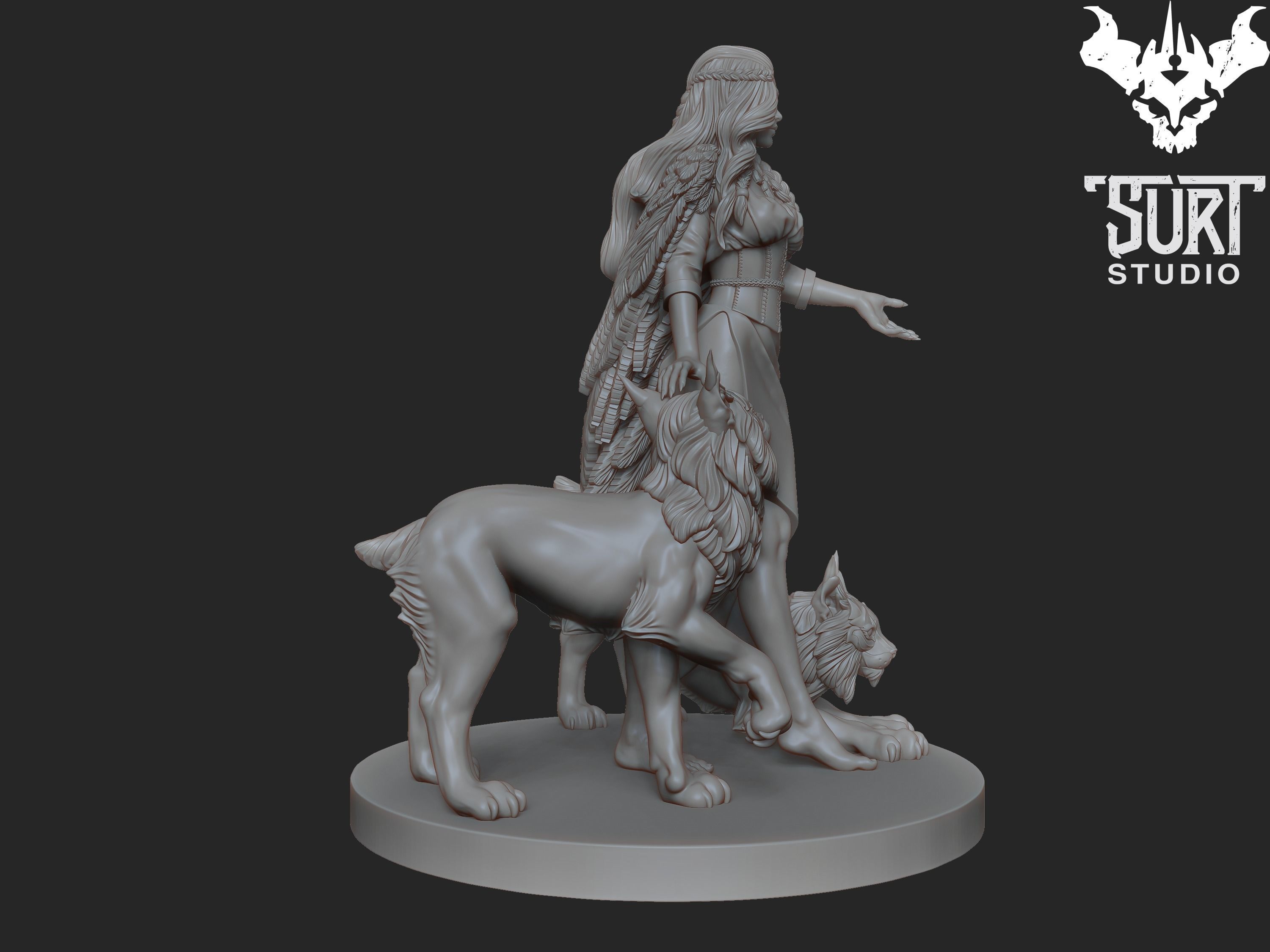 Freya statue of woman with two wolves 3D print model_2