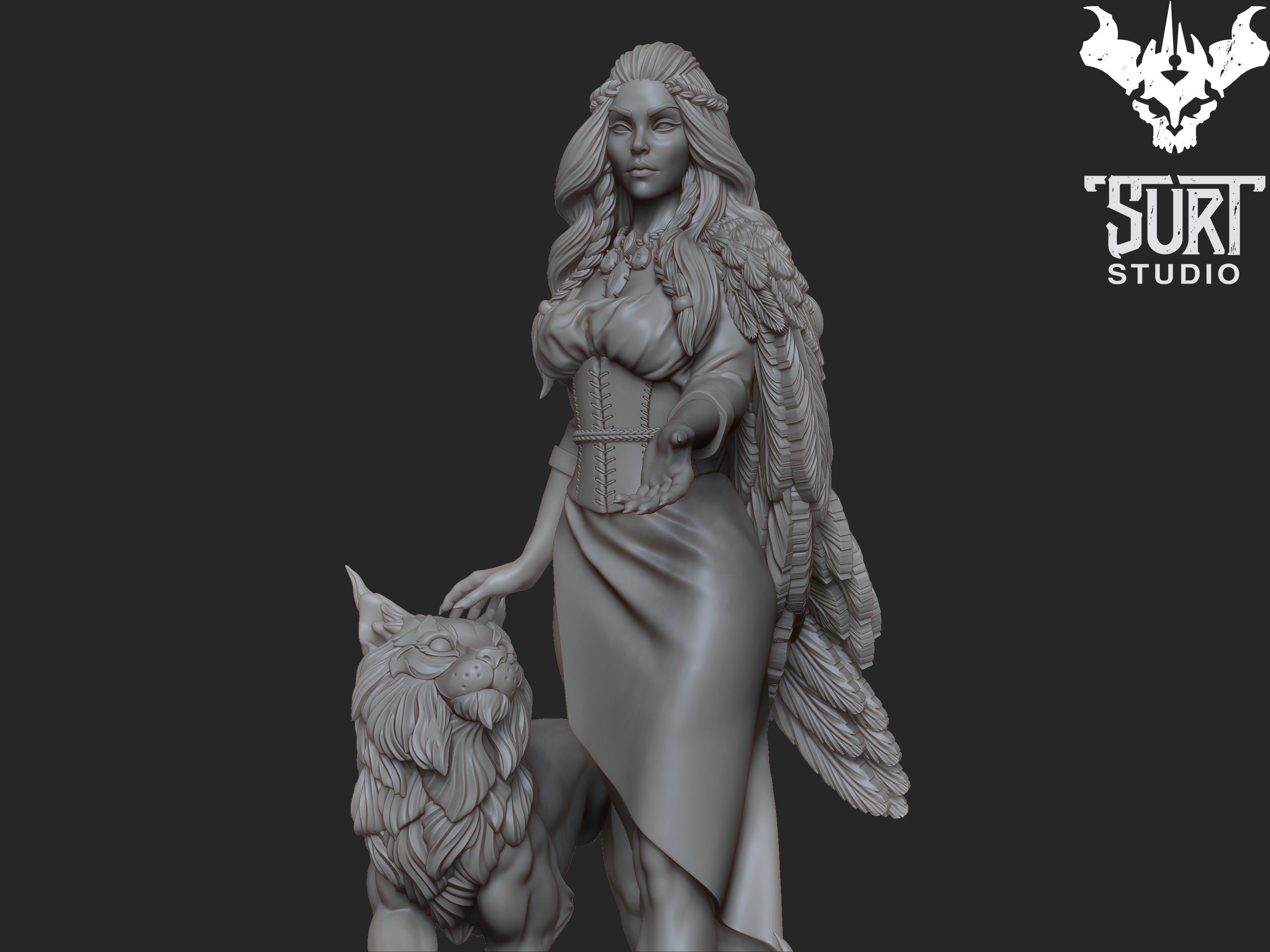Freya statue of woman with two wolves 3D print model_4