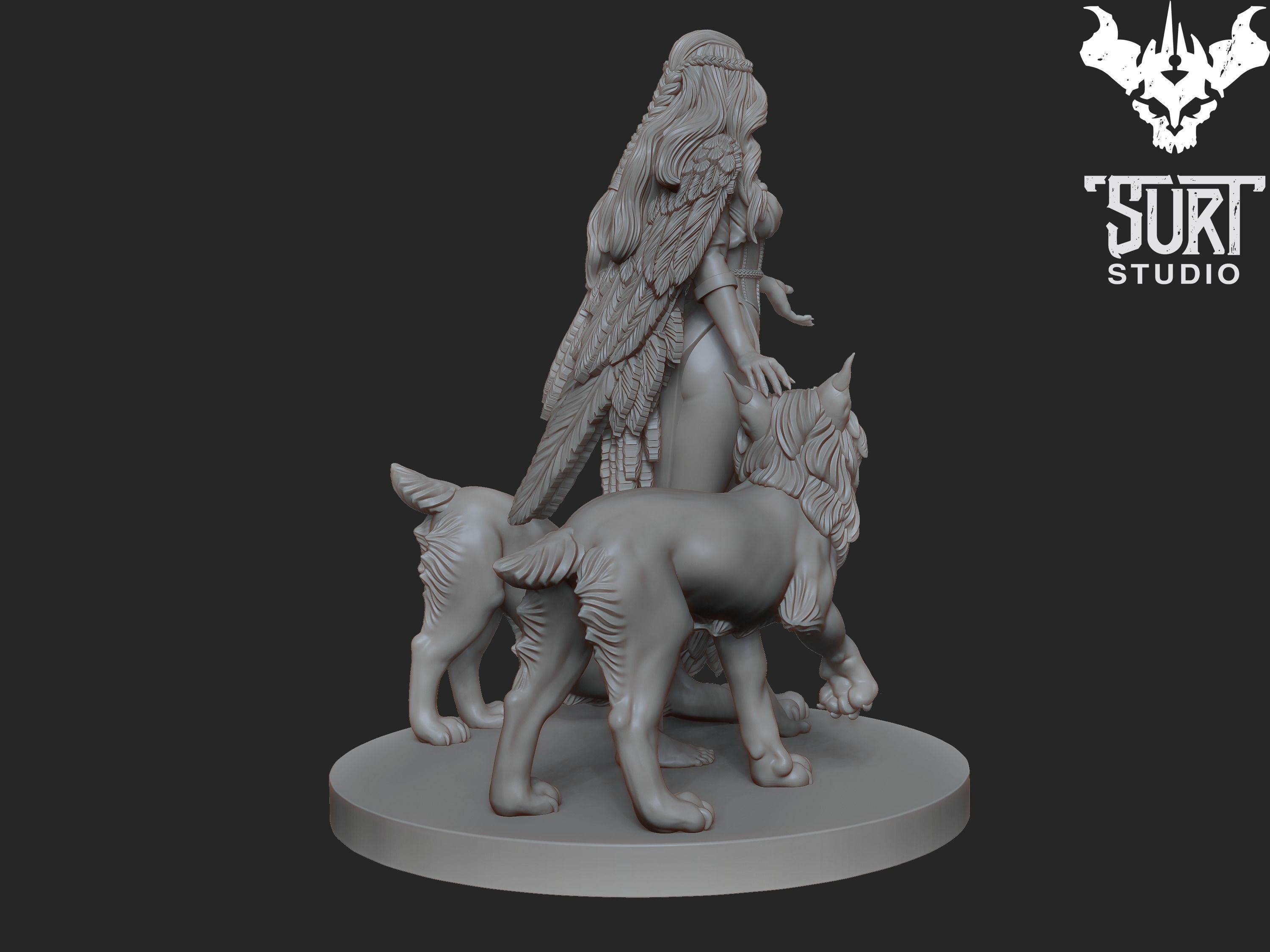 Freya statue of woman with two wolves 3D print model_5
