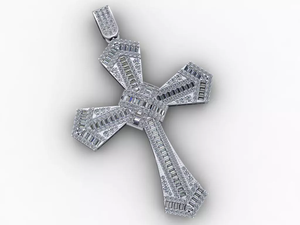 Cross Gold Pendant Full Diamond Baguette and Round 3D print model