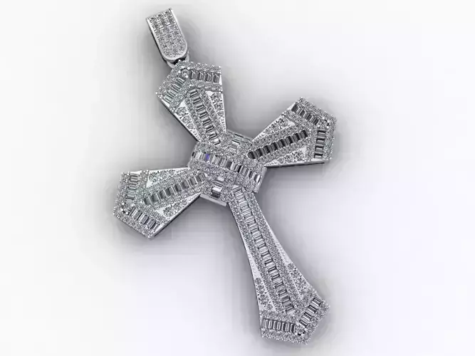 Cross Gold Pendant Full Diamond Baguette and Round