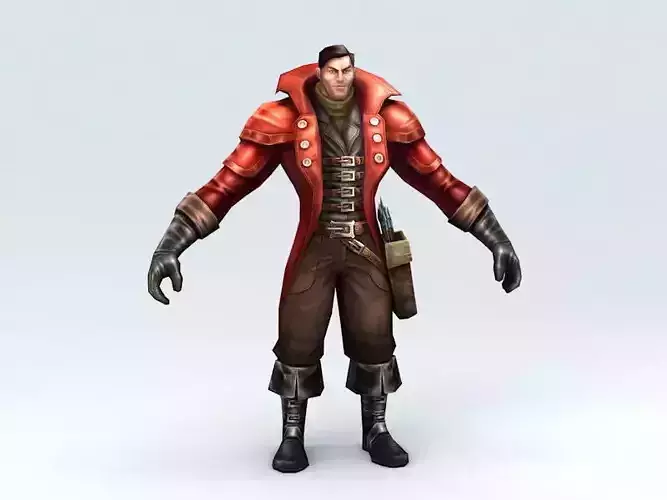 Hunter character wearing coat and gloves
