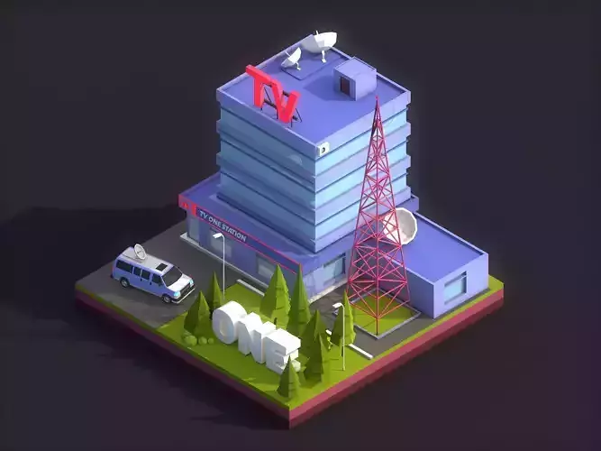 Cartoon Low Poly TV Building