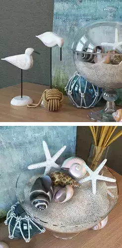 Decor sand and seashells on table