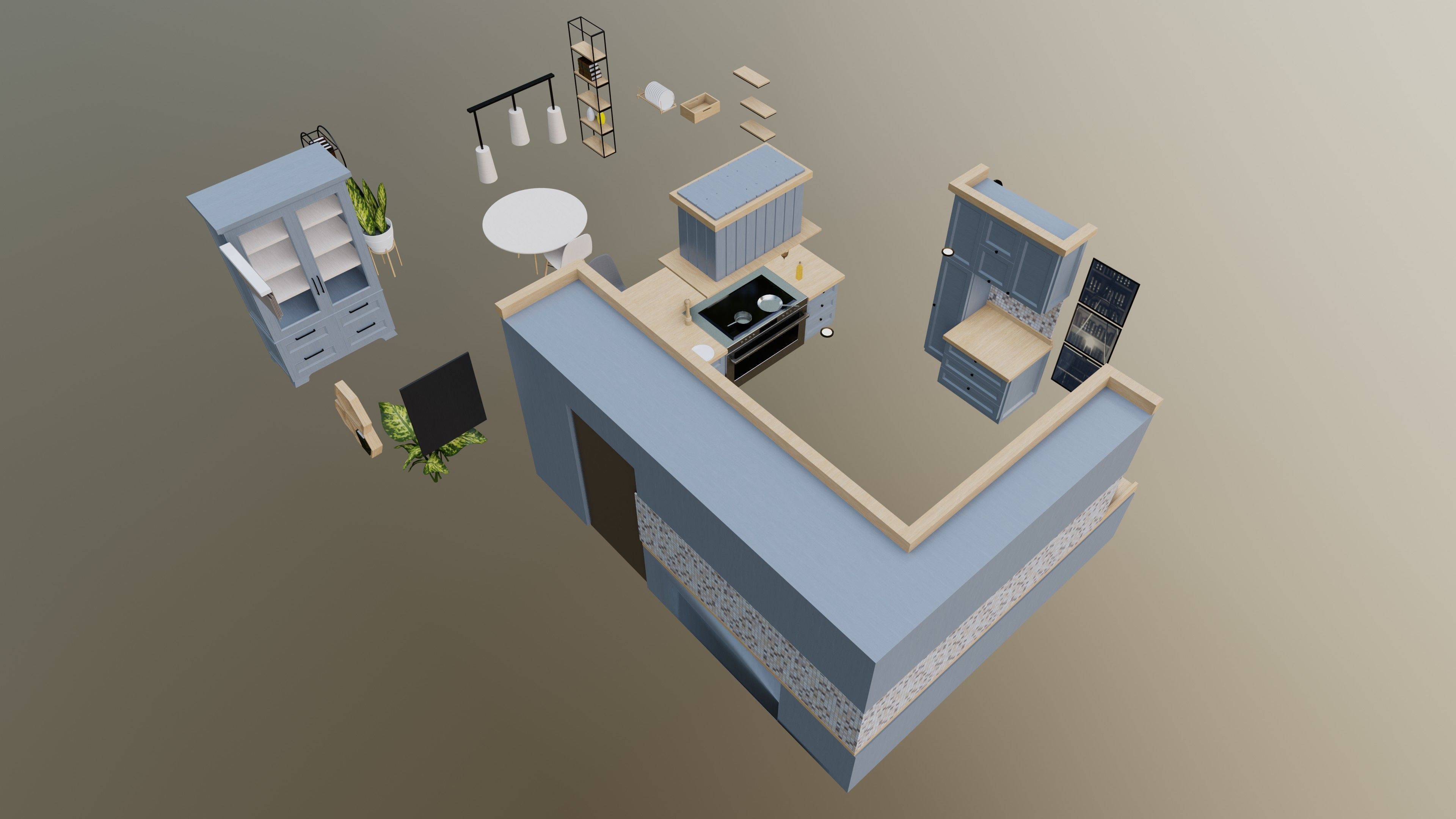 Classic style porch house kitchen furniture pack Low-poly 3D model_6