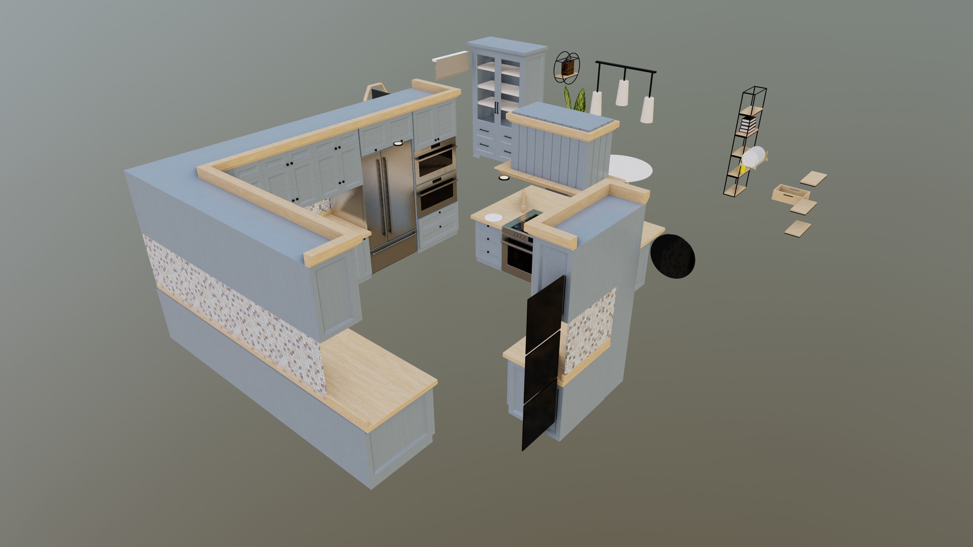 Classic style porch house kitchen furniture pack Low-poly 3D model_4