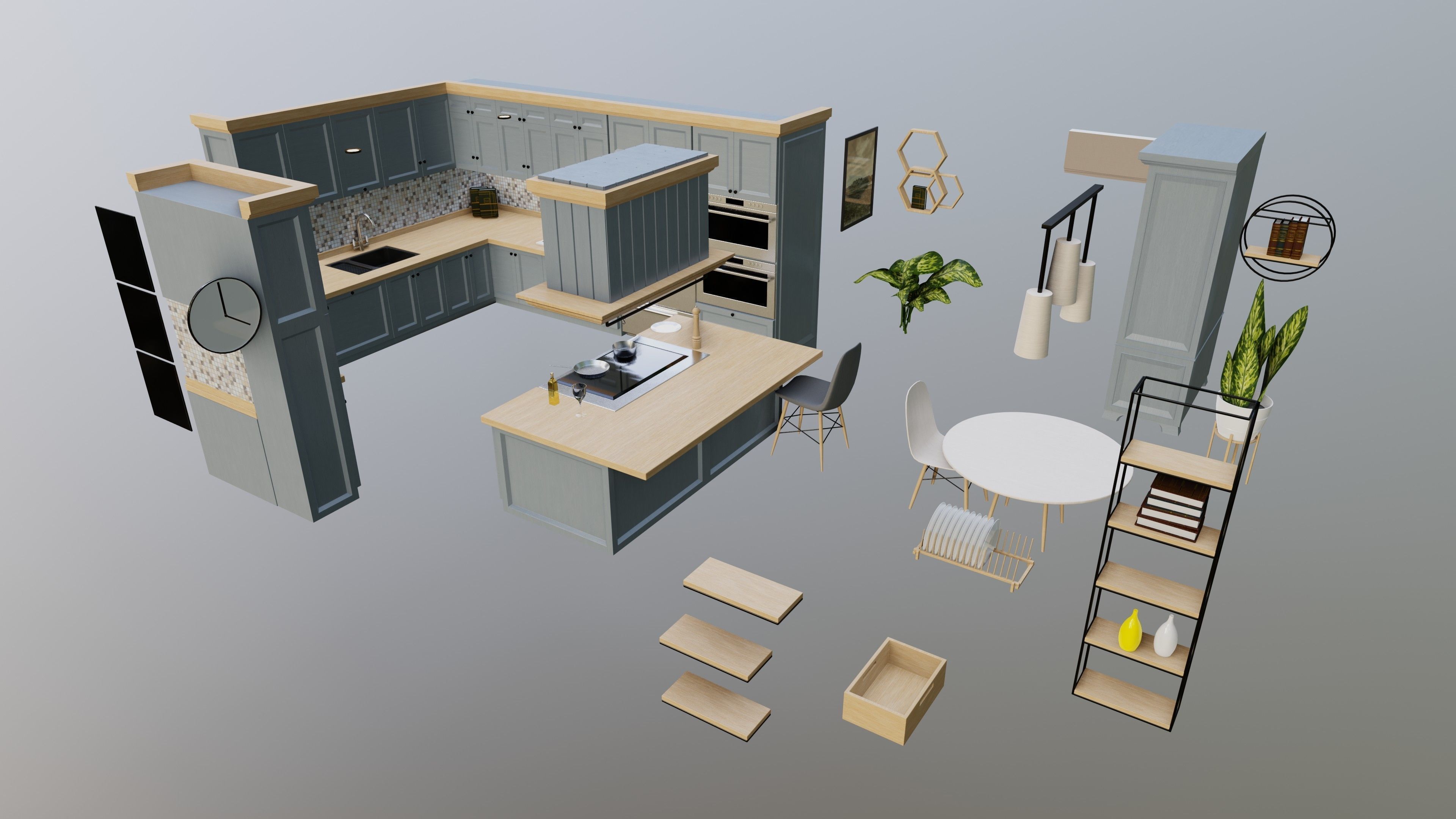 Classic style porch house kitchen furniture pack Low-poly 3D model_2