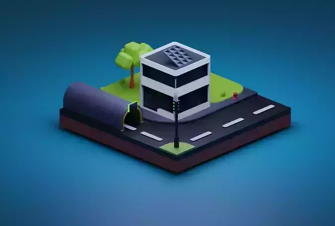 Low Poly City building with solar panels on roof