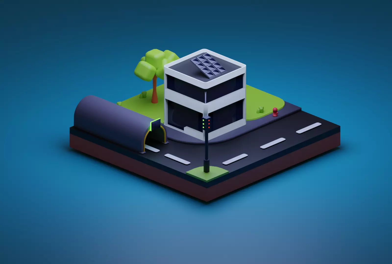 Low Poly City building with solar panels on roof Low-poly 3D model_0