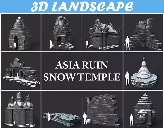 Low poly Snow Ruin Asia Temple Pack