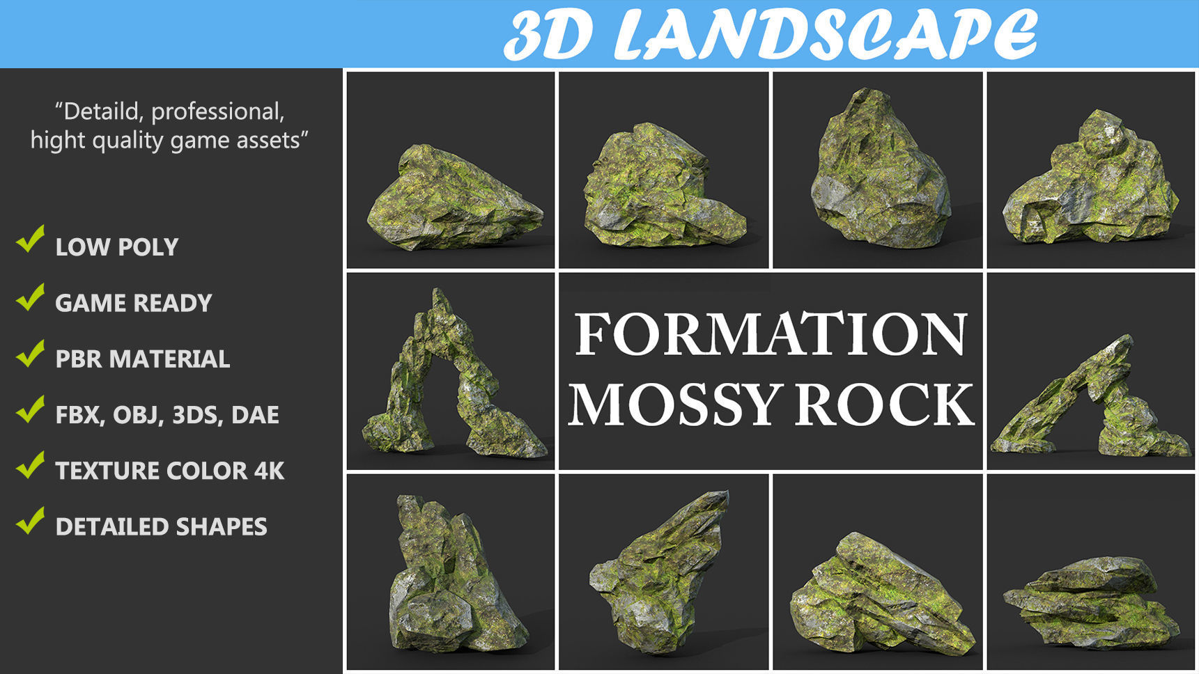 Low poly Mossy Rock Formation Pack 191221 Low-poly 3D model_1