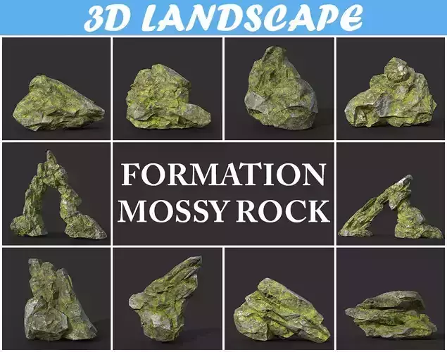 Low poly Mossy Rock Formation Pack 191221