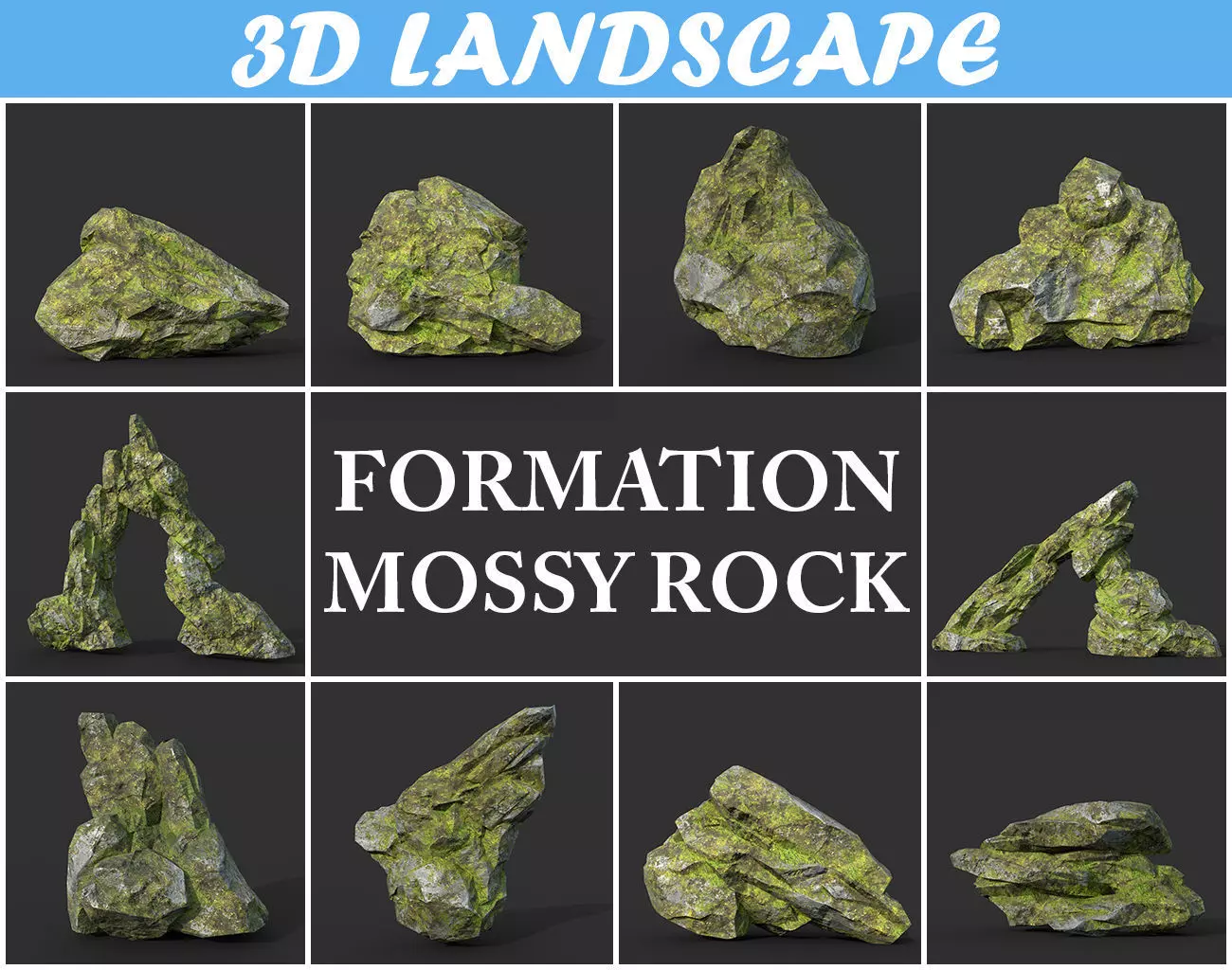 Low poly Mossy Rock Formation Pack 191221 Low-poly 3D model_0