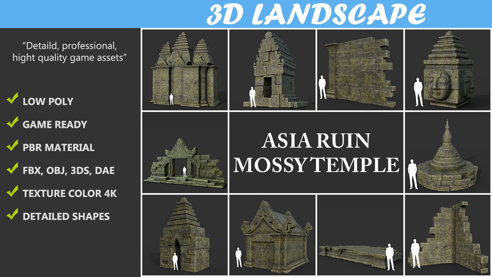 Low poly Mossy Mossy Ruin Asia Temple Pack Low-poly 3D model_1