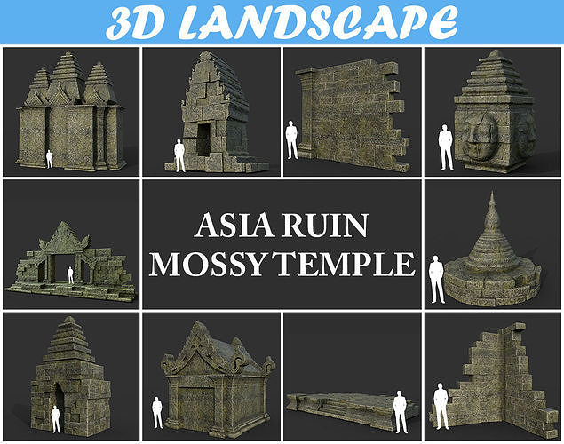 Low poly Mossy Mossy Ruin Asia Temple Pack Low-poly 3D model