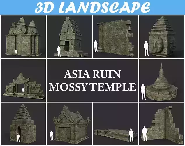Low poly Mossy Mossy Ruin Asia Temple Pack Low-poly 3D model