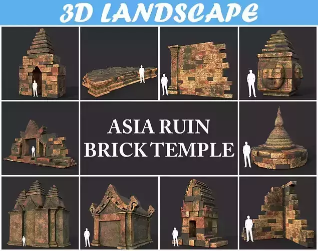 Low poly Mossy Brick Ruin Asia Temple Pack