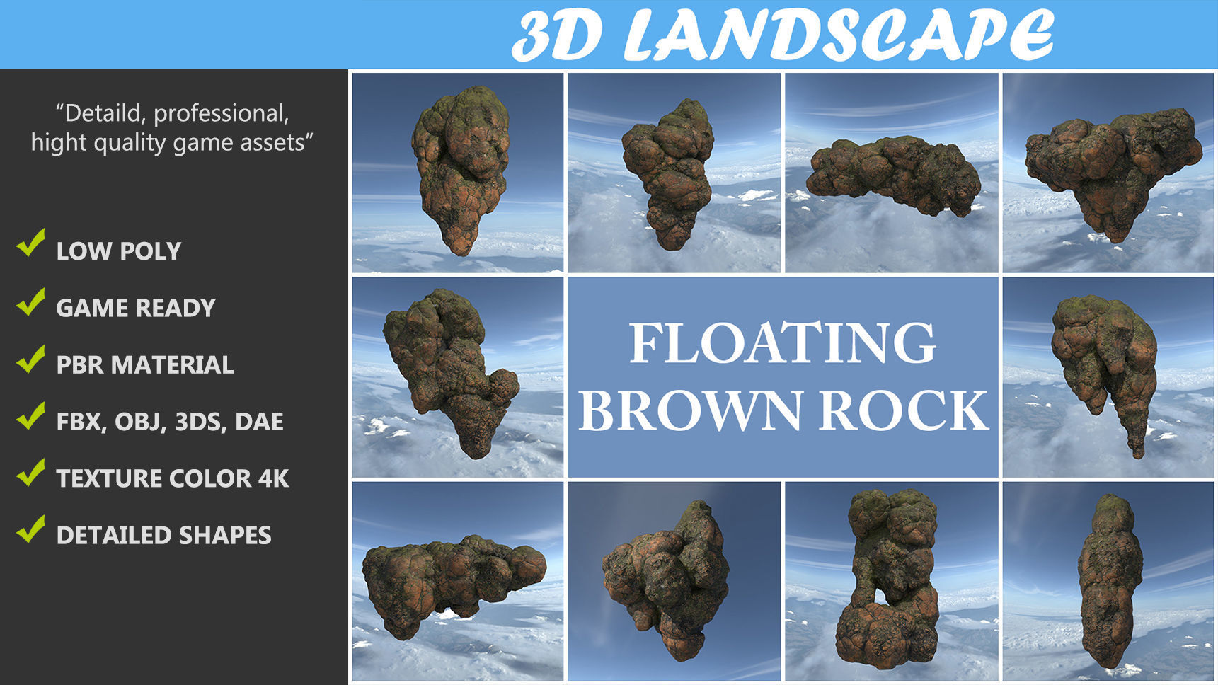Low poly Brown Floating Island Mossy Rock Pack 190830 Low-poly 3D model_1