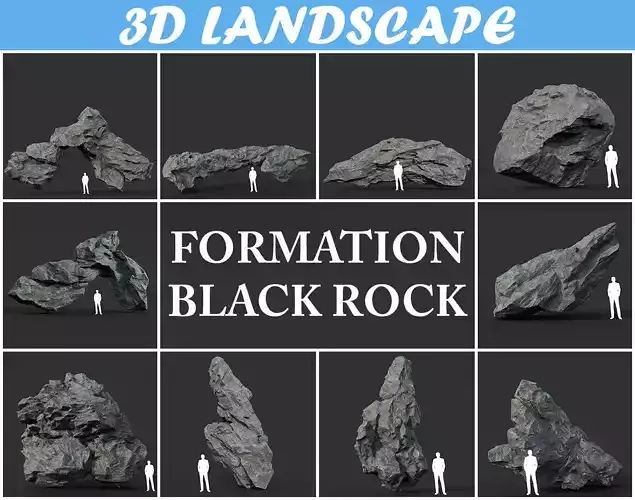 Low poly Black Rock Formation Pack 191228
