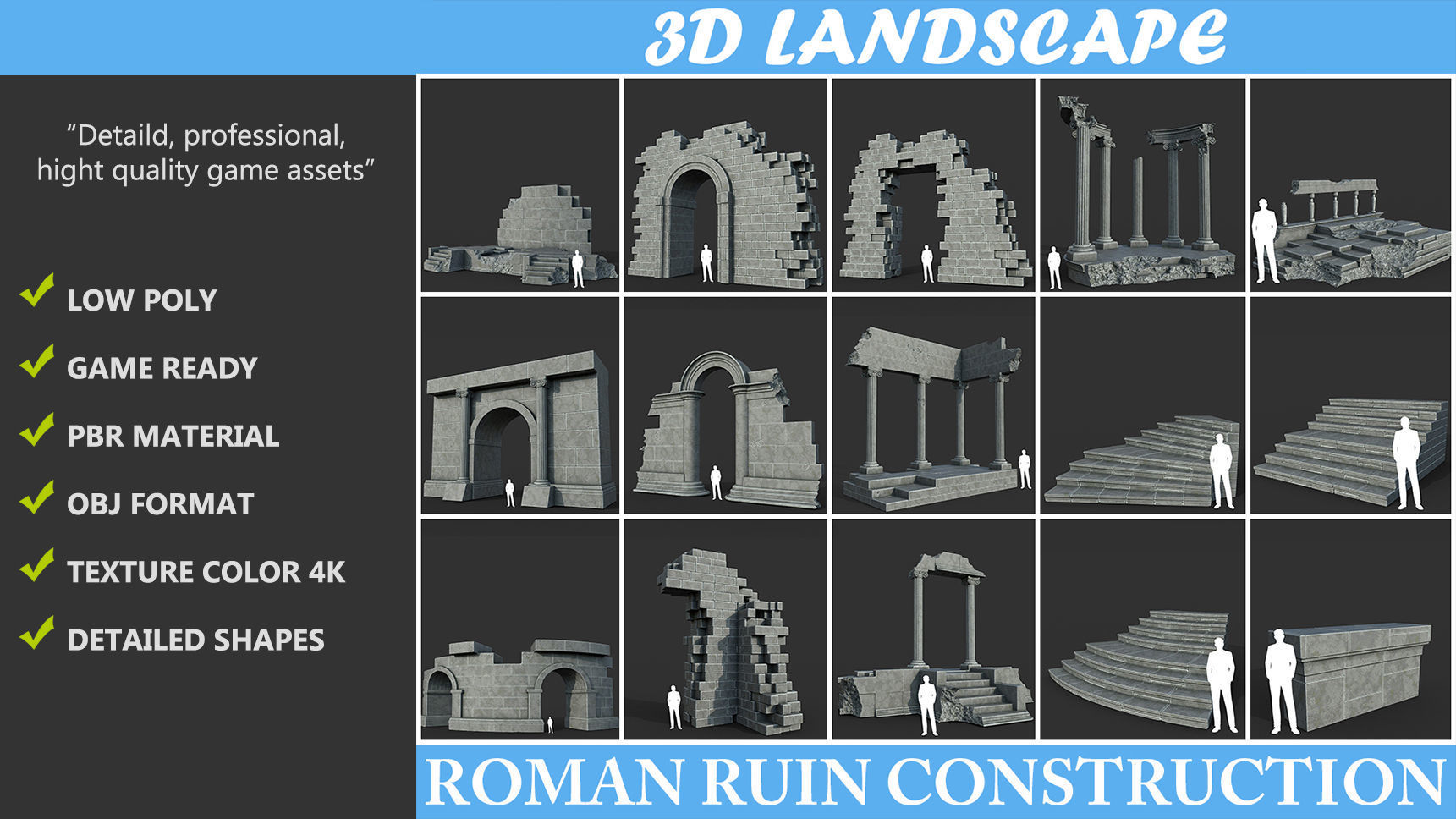 Low poly Ancient Roman Ruin Construction Pack - White Granite Low-poly 3D model_1