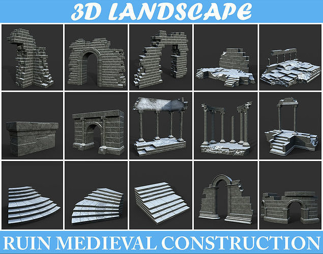 Low poly Ancient Roman Ruin Construction Pack - Snow Winter Low-poly 3D model