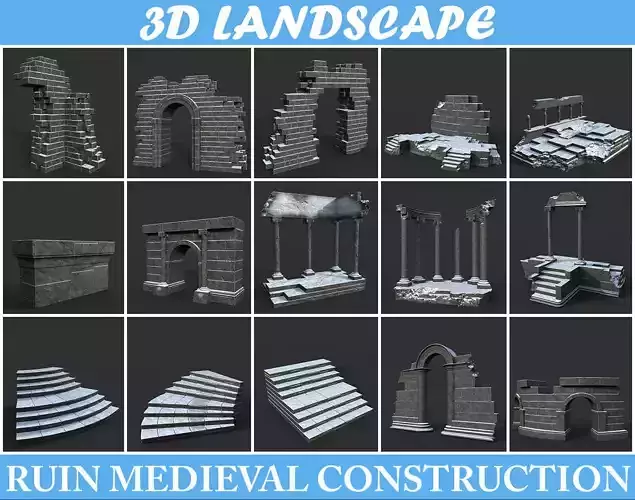 Low poly Ancient Roman Ruin Construction Pack - Snow Winter Low-poly 3D model