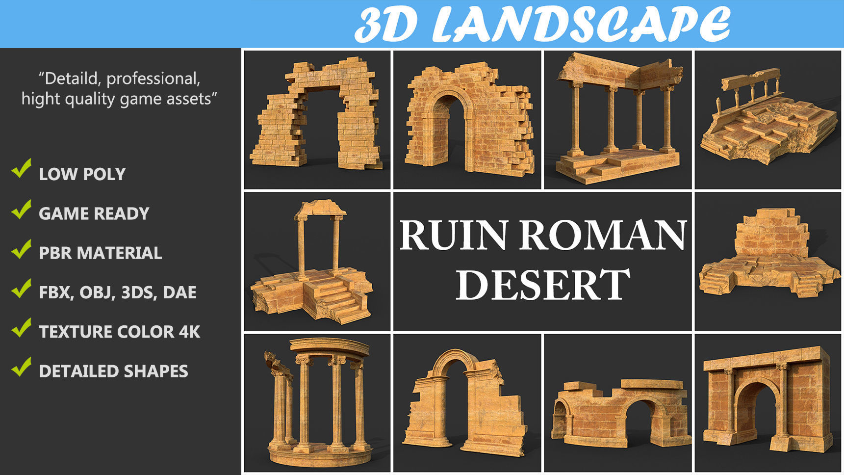 Low poly Ancient Roman Ruin Construction Pack - Desert Low-poly 3D model_1